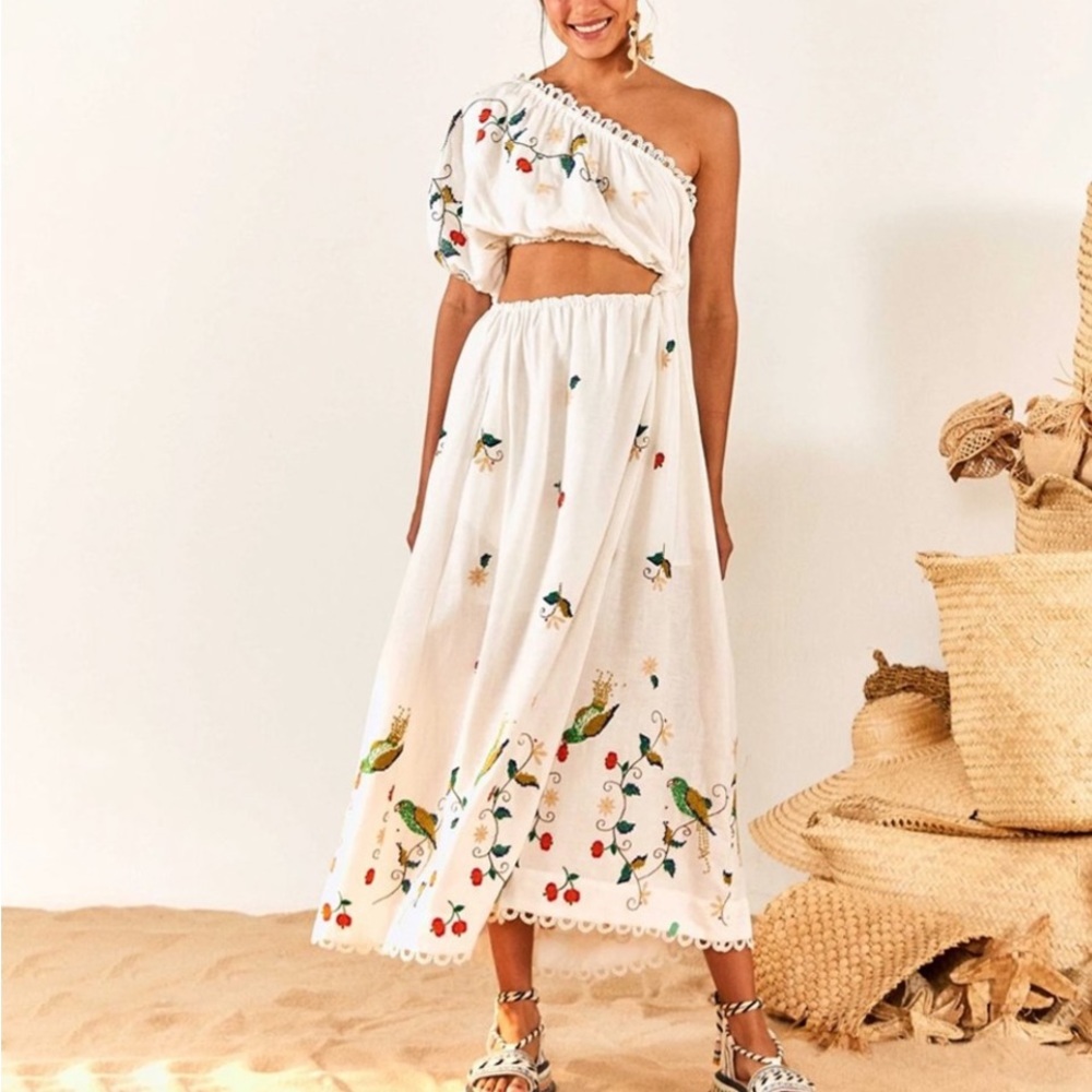 NWT Farm Rio Pitanga Embroidery Maxi Dress  Cut Out One Shoulder  Large